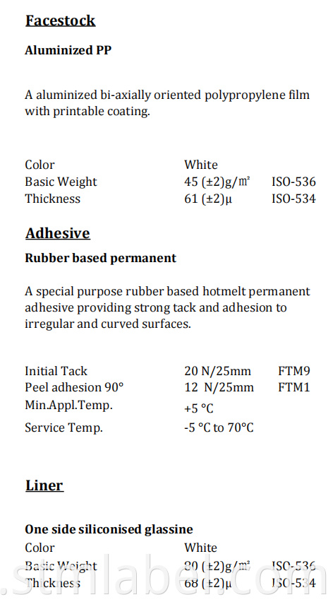 T40qe3720 Aluminized Pp Rubber Based Permanent White Glassine